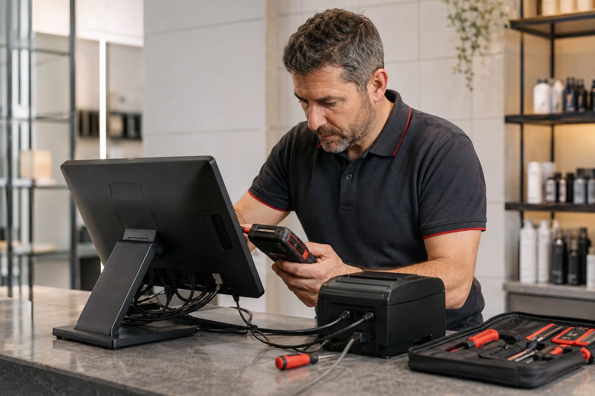 Técnico realizando el mantenimiento preventivo de un sistema TPV