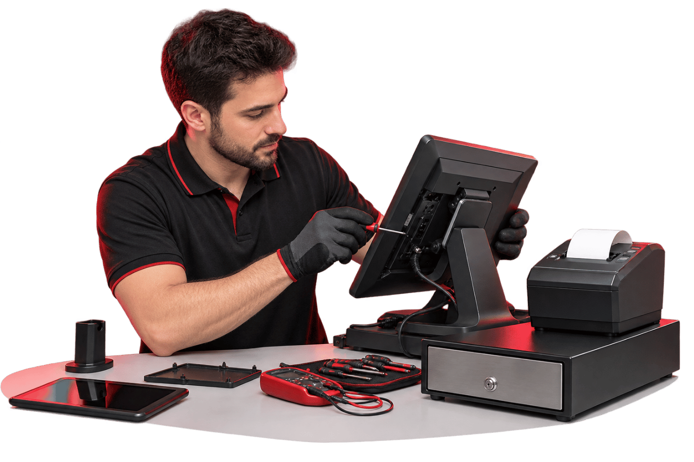 Técnico especializado realizando mantenimiento de un sistema TPV