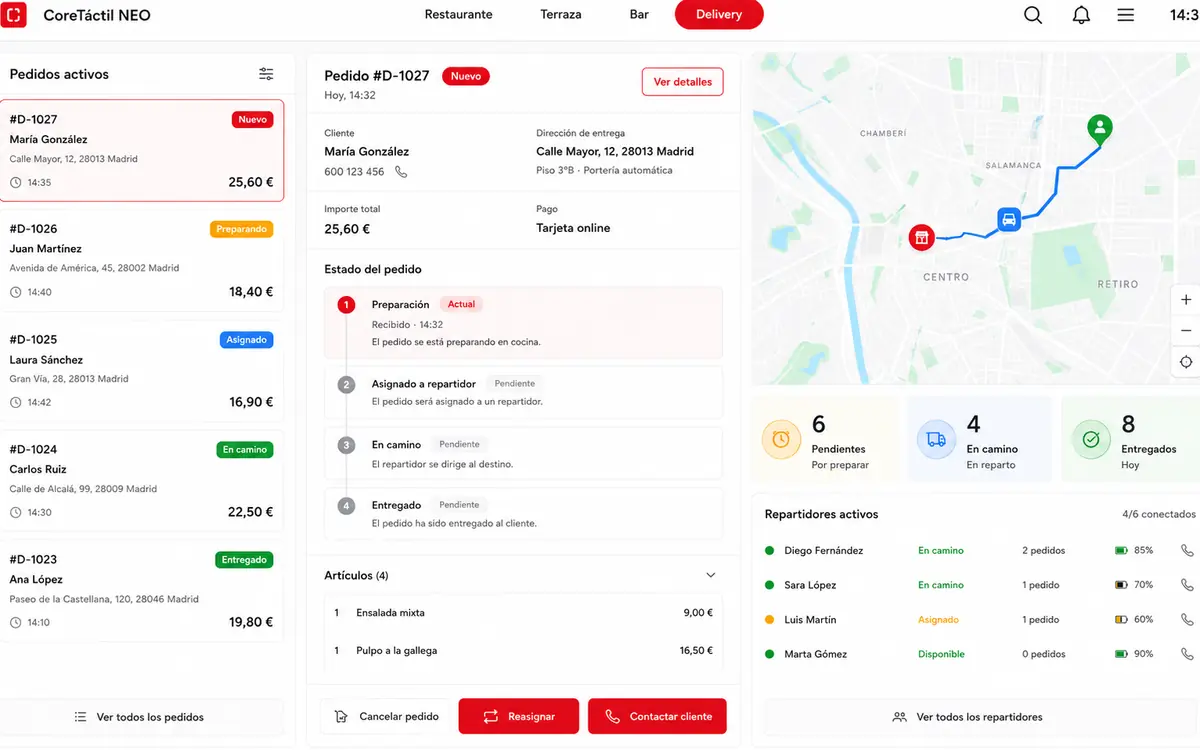 Gestión de pedidos delivery en CoreTáctil NEO
