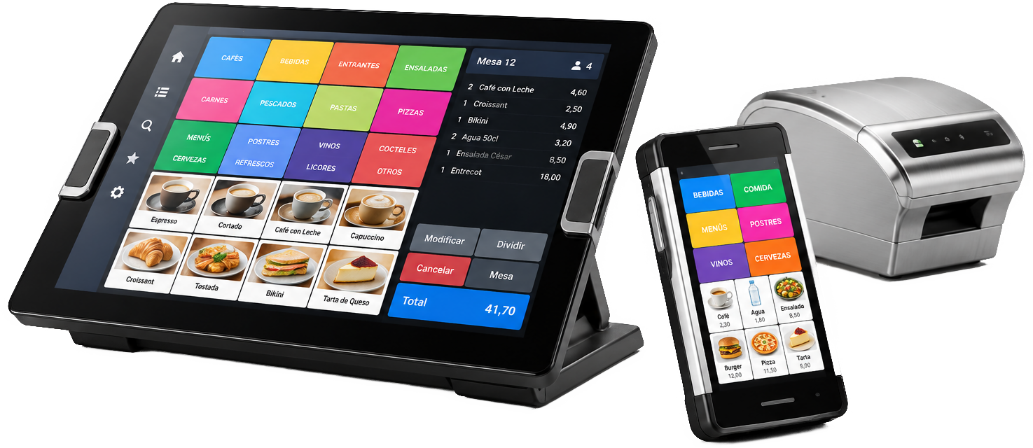 Sistema TPV PI Electronique con terminal SPIN, dispositivo móvil e impresora