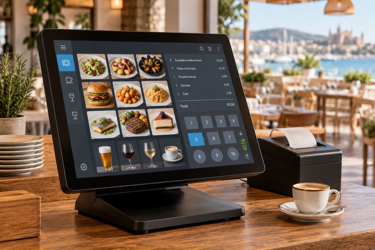 TPV táctil con software TPV para hostelería en la barra de un restaurante.
